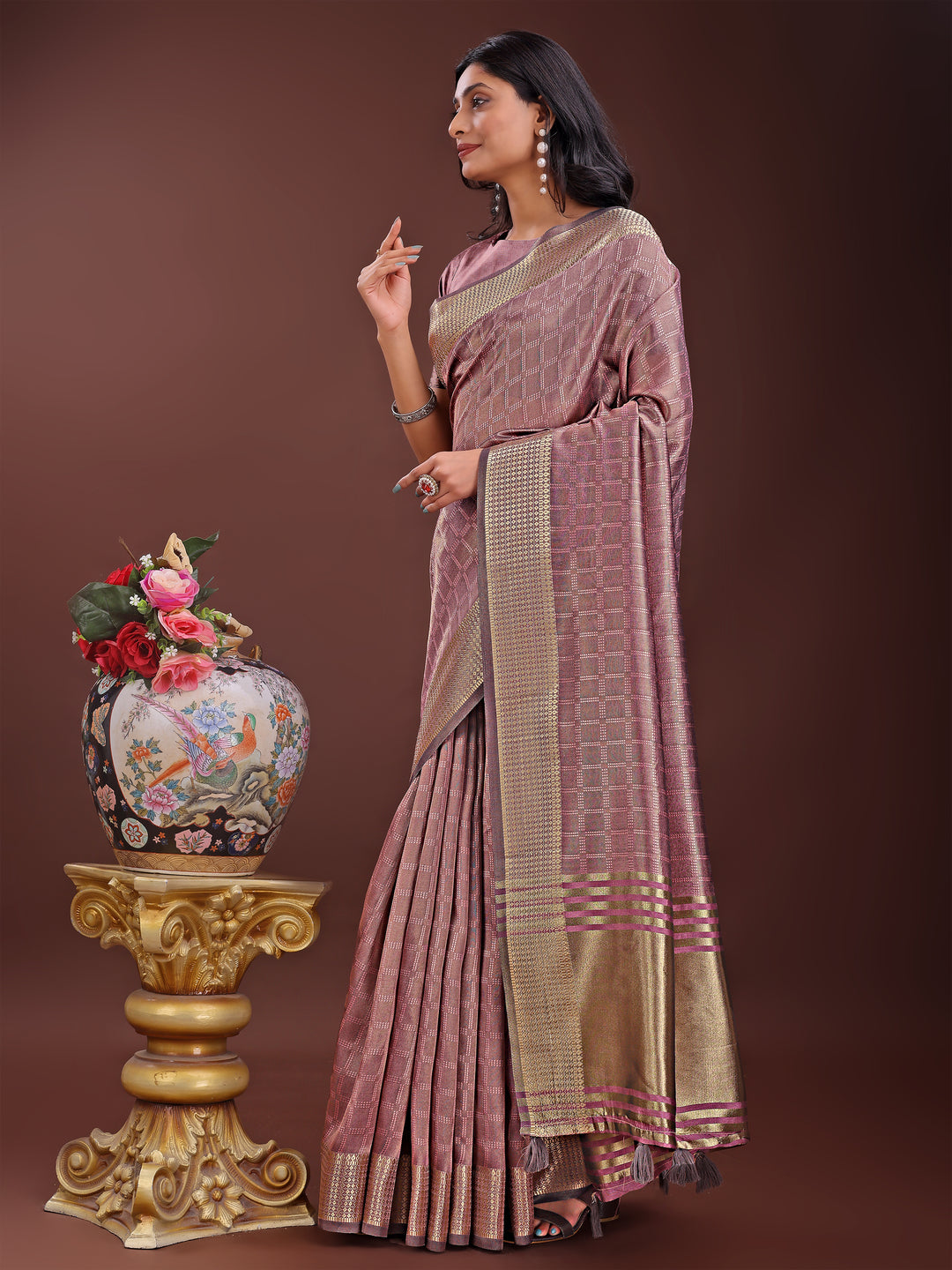 Magenta Colour Organza Saree Weaving Work With Blouse Piece