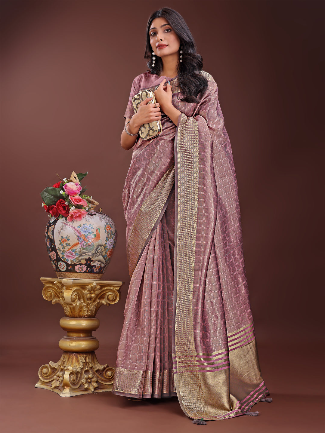 Magenta Colour Organza Saree Weaving Work With Blouse Piece