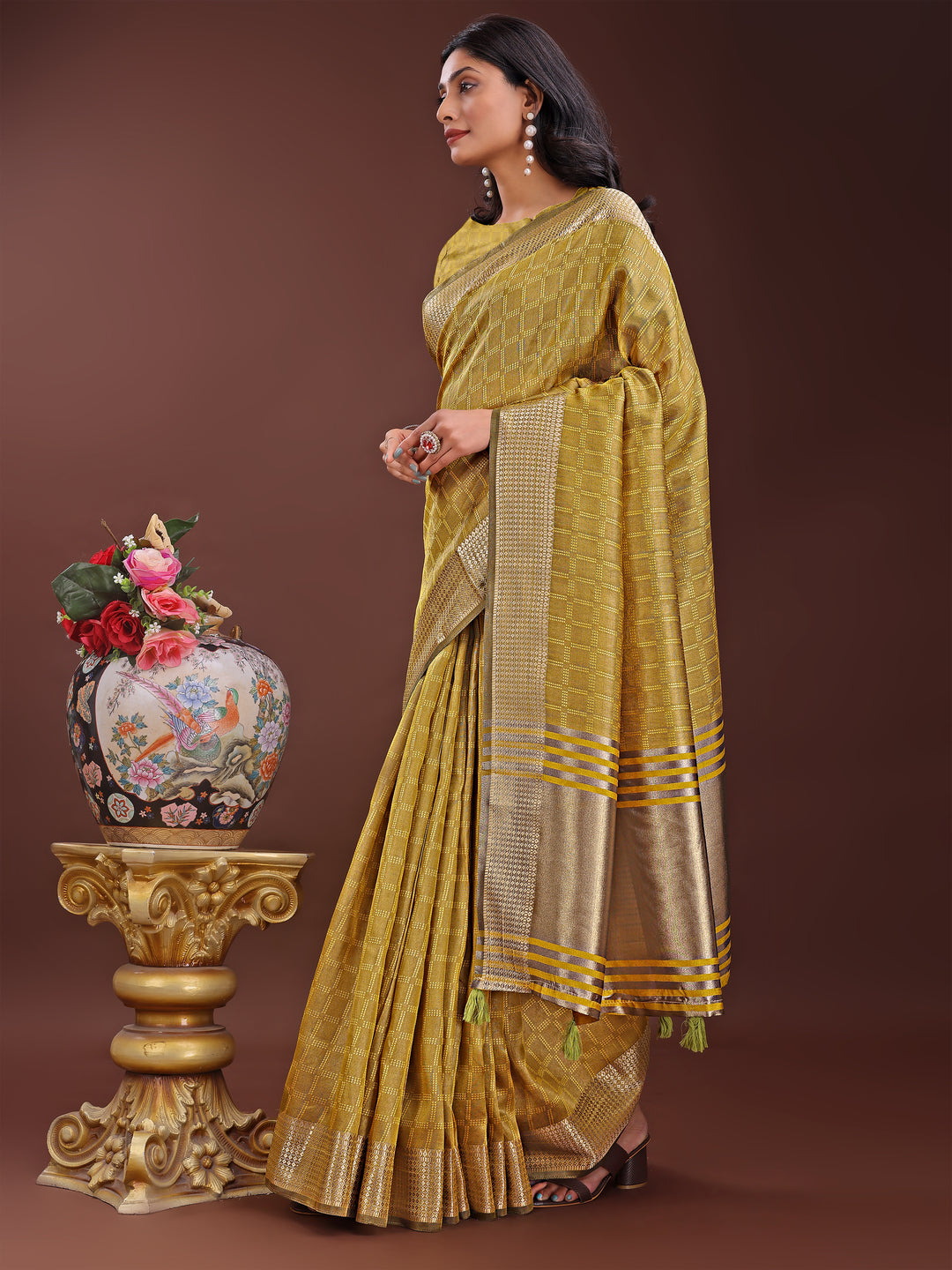 Mustard Colour Organza Saree Weaving Work With Blouse Piece