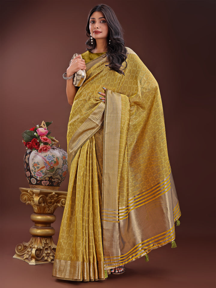 Mustard Colour Organza Saree Weaving Work With Blouse Piece