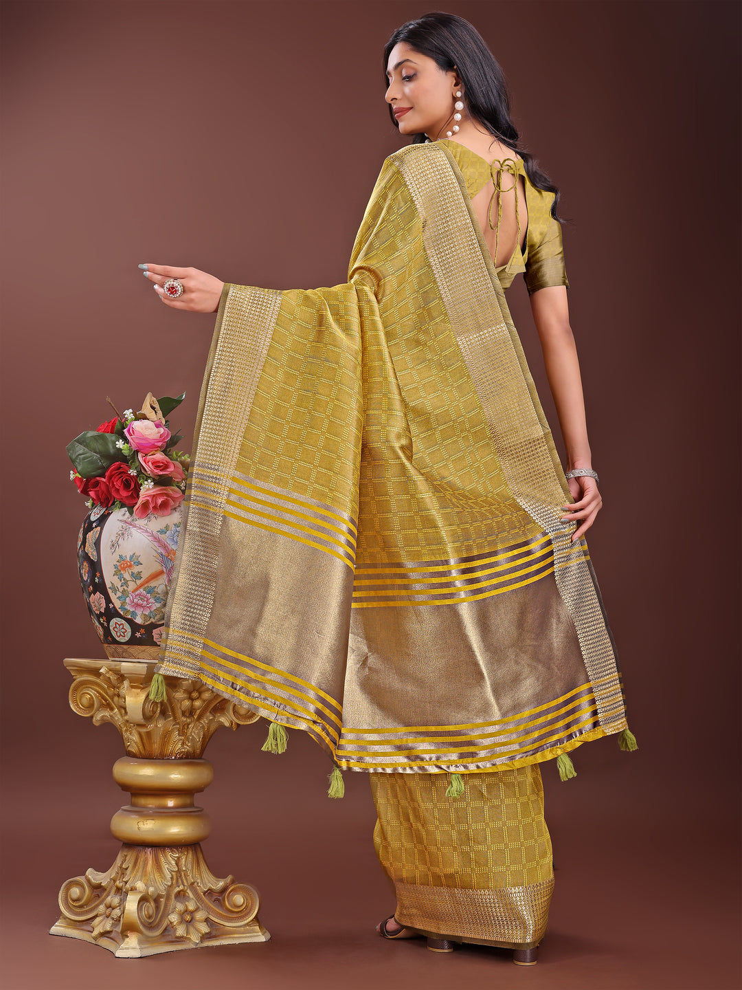 Mustard Colour Organza Saree Weaving Work With Blouse Piece