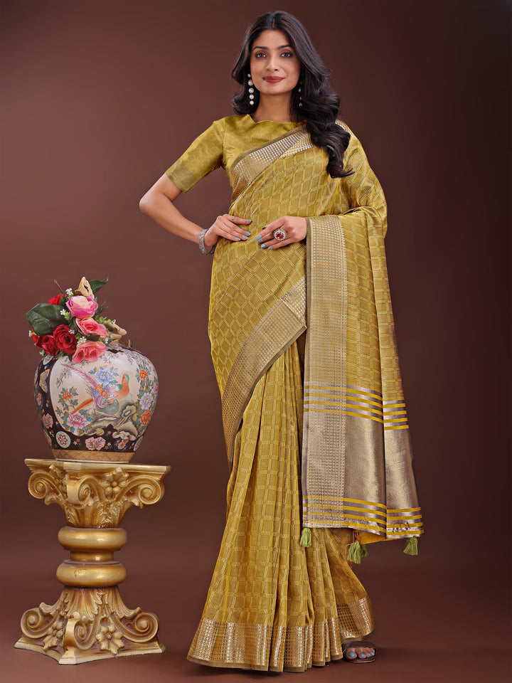 Mustard Colour Organza Saree Weaving Work With Blouse Piece