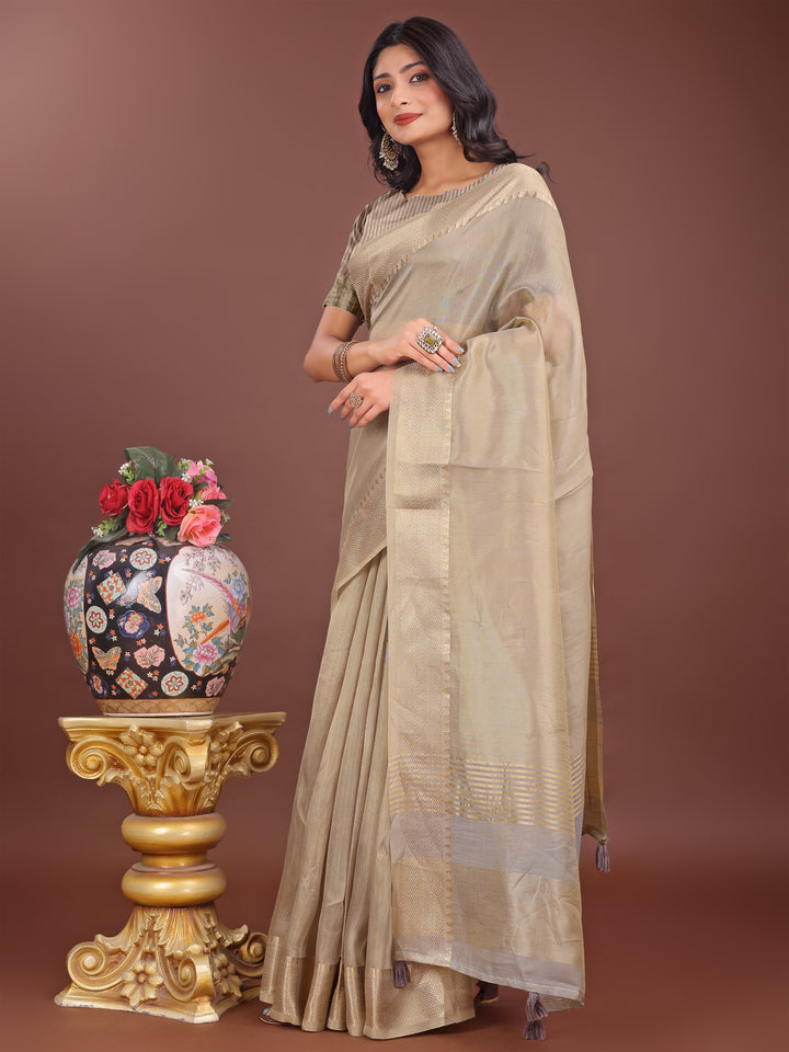 Beige Colour Organza Saree Weaving Work With Blouse Piece