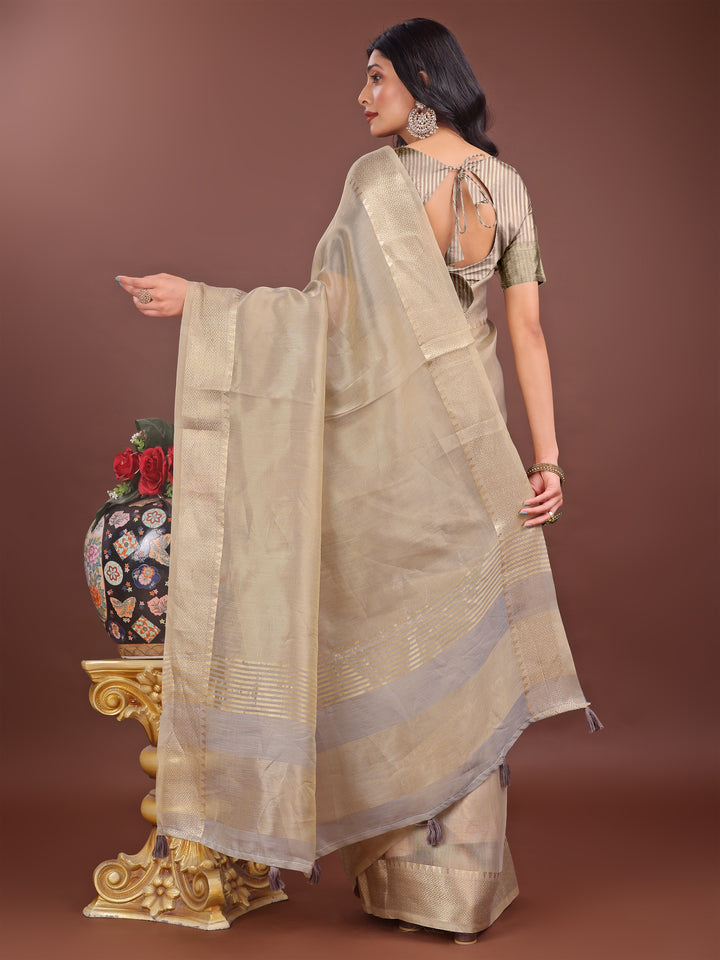 Beige Colour Organza Saree Weaving Work With Blouse Piece