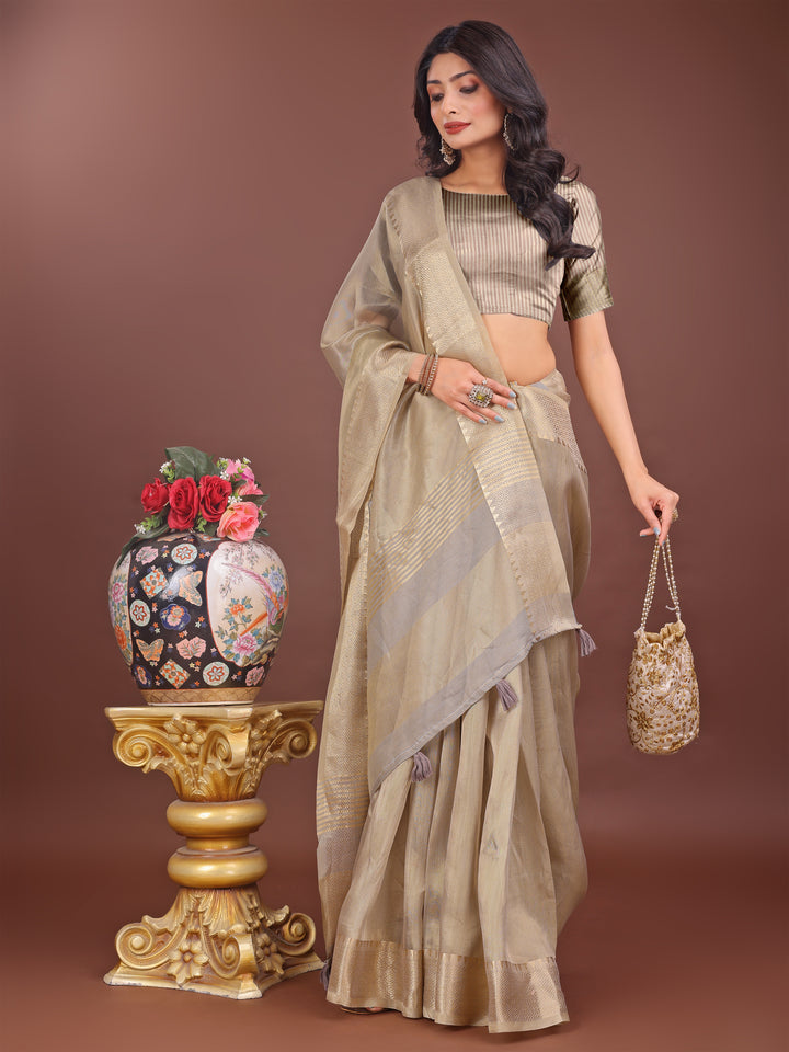 Beige Colour Organza Saree Weaving Work With Blouse Piece
