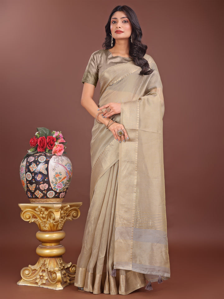 Beige Colour Organza Saree Weaving Work With Blouse Piece