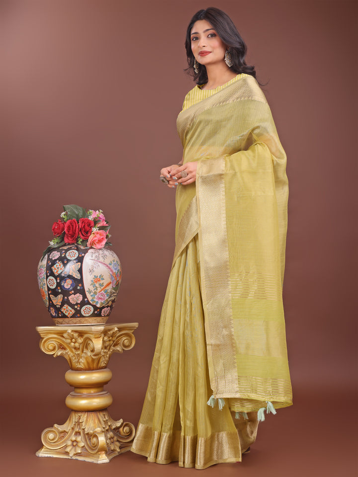 Mehndi Green Colour Organza Saree Weaving Work With Blouse Piece