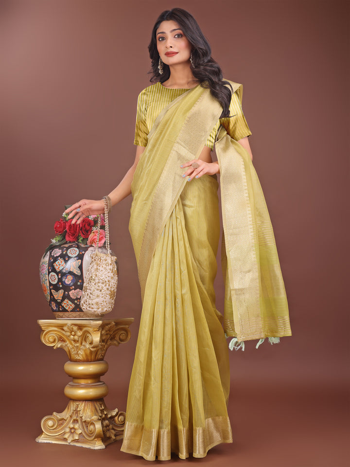 Mehndi Green Colour Organza Saree Weaving Work With Blouse Piece