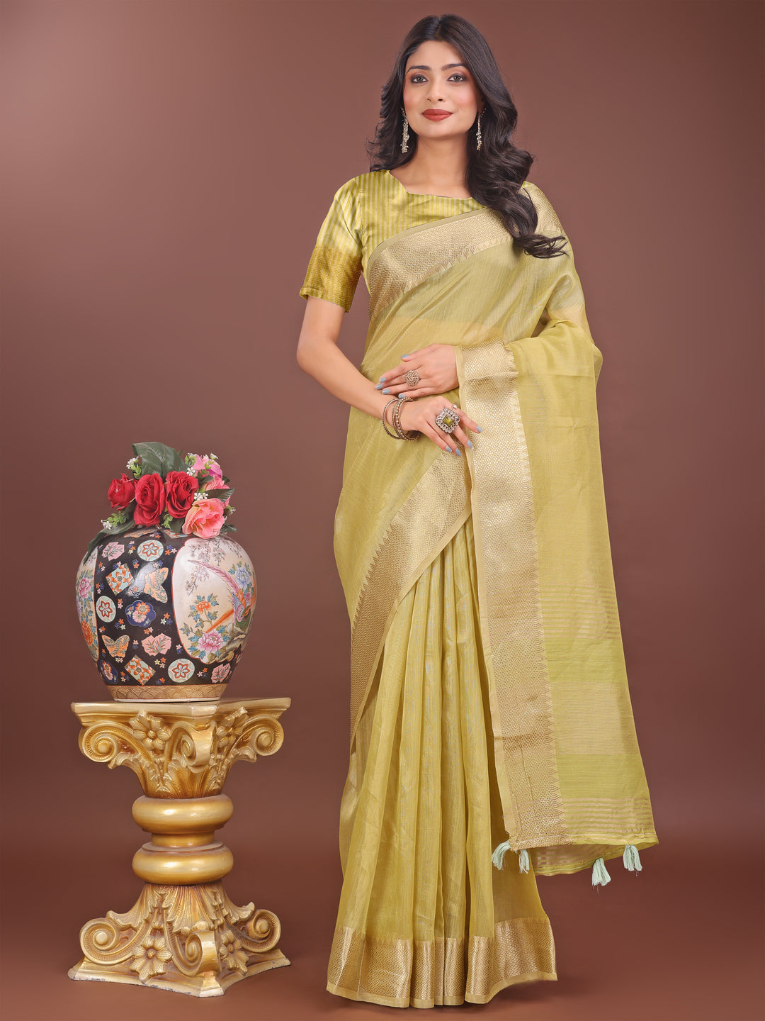 Mehndi Green Colour Organza Saree Weaving Work With Blouse Piece