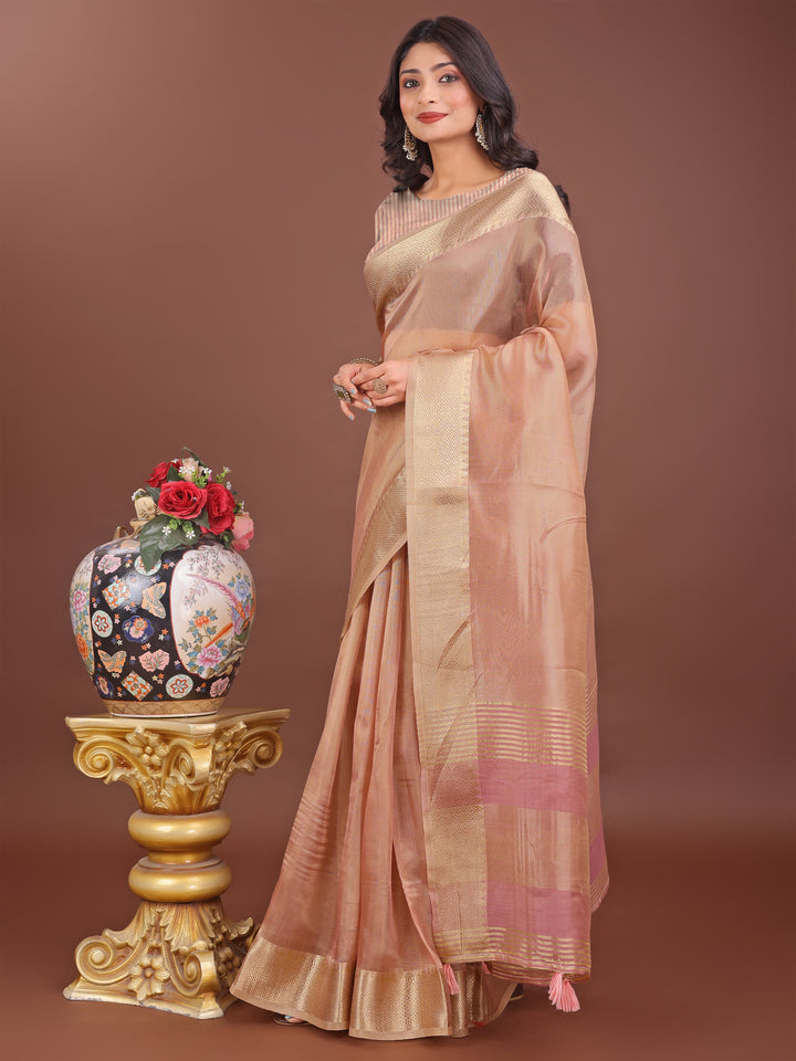 Peach Colour Organza Saree Weaving Work With Blouse Piece
