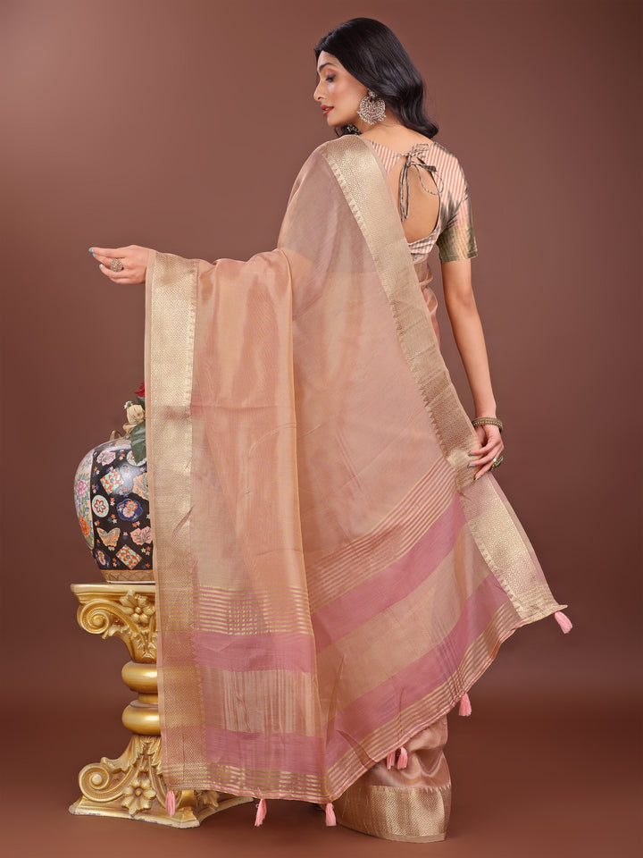 Peach Colour Organza Saree Weaving Work With Blouse Piece