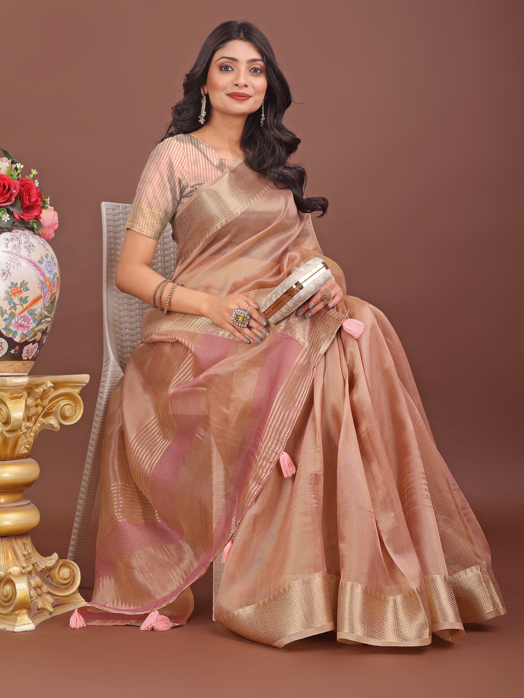Peach Colour Organza Saree Weaving Work With Blouse Piece