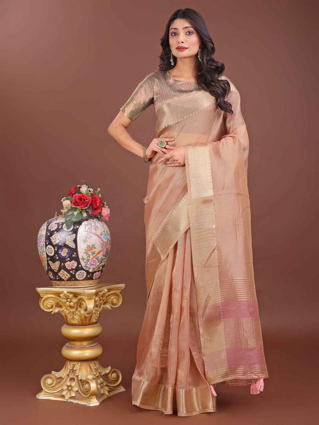Peach Colour Organza Saree Weaving Work With Blouse Piece