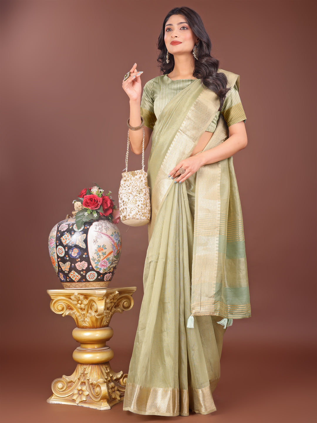 Light Green Colour Organza Saree Weaving Work With Blouse Piece
