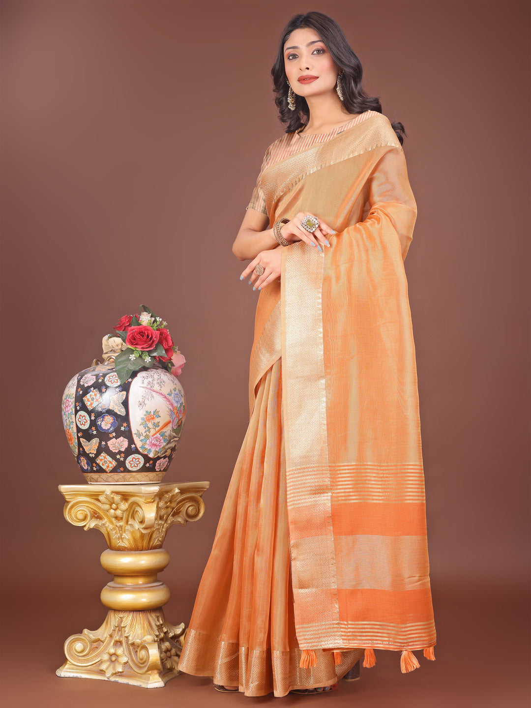 Orange Colour Organza Saree Weaving Work With Blouse Piece