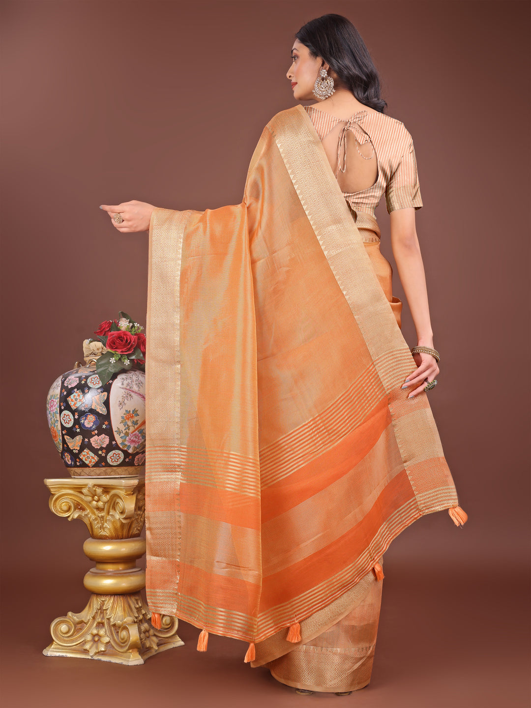 Orange Colour Organza Saree Weaving Work With Blouse Piece
