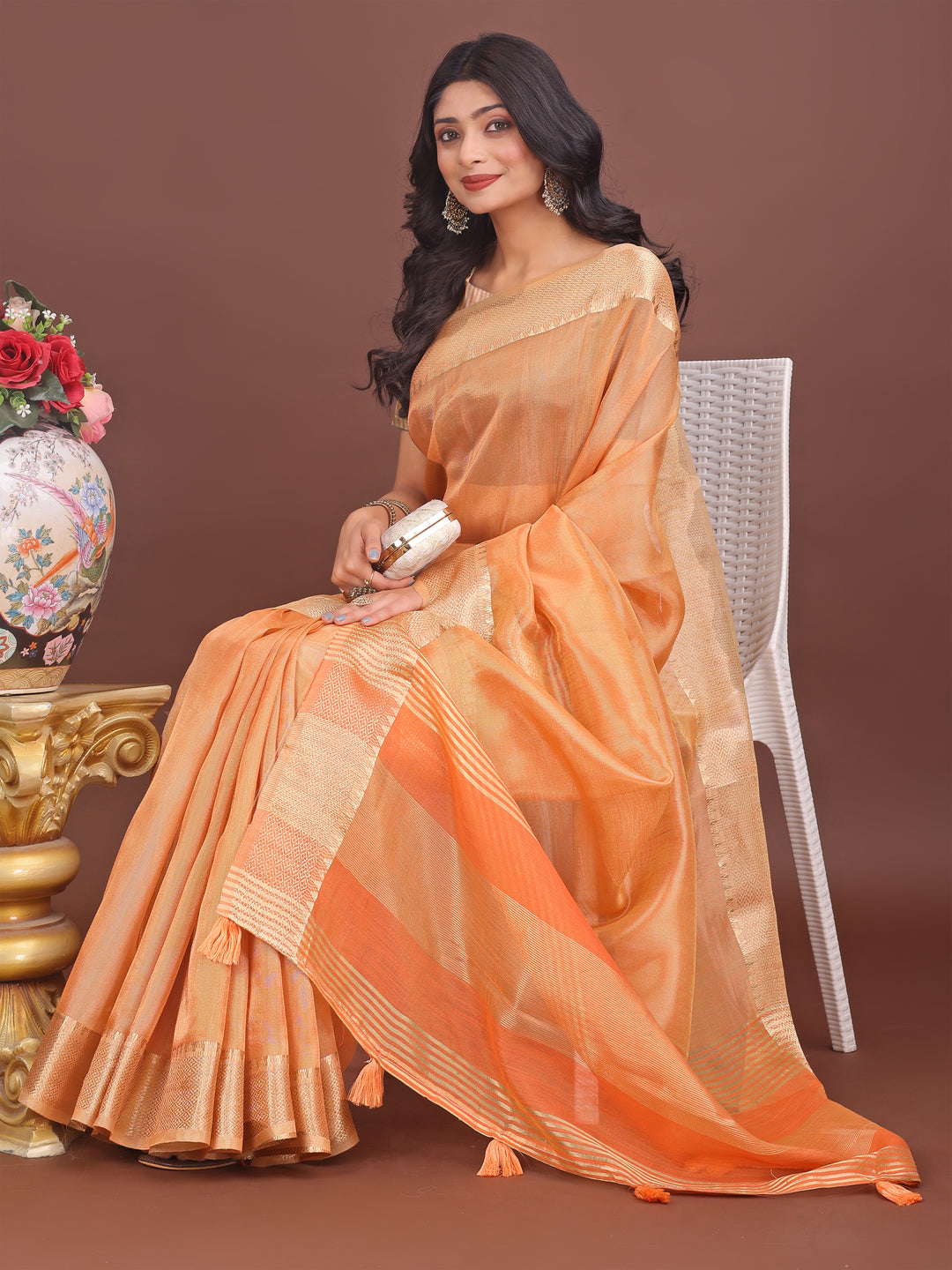 Orange Colour Organza Saree Weaving Work With Blouse Piece