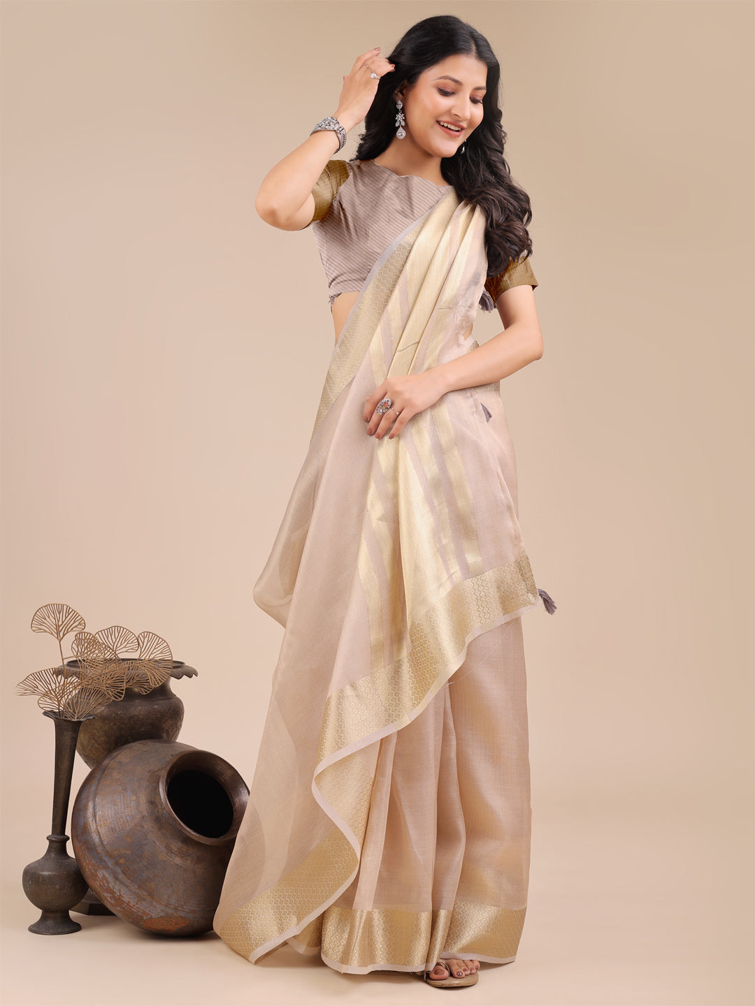 Light Pink Colour Organza Saree Weaving Work With Blouse Piece