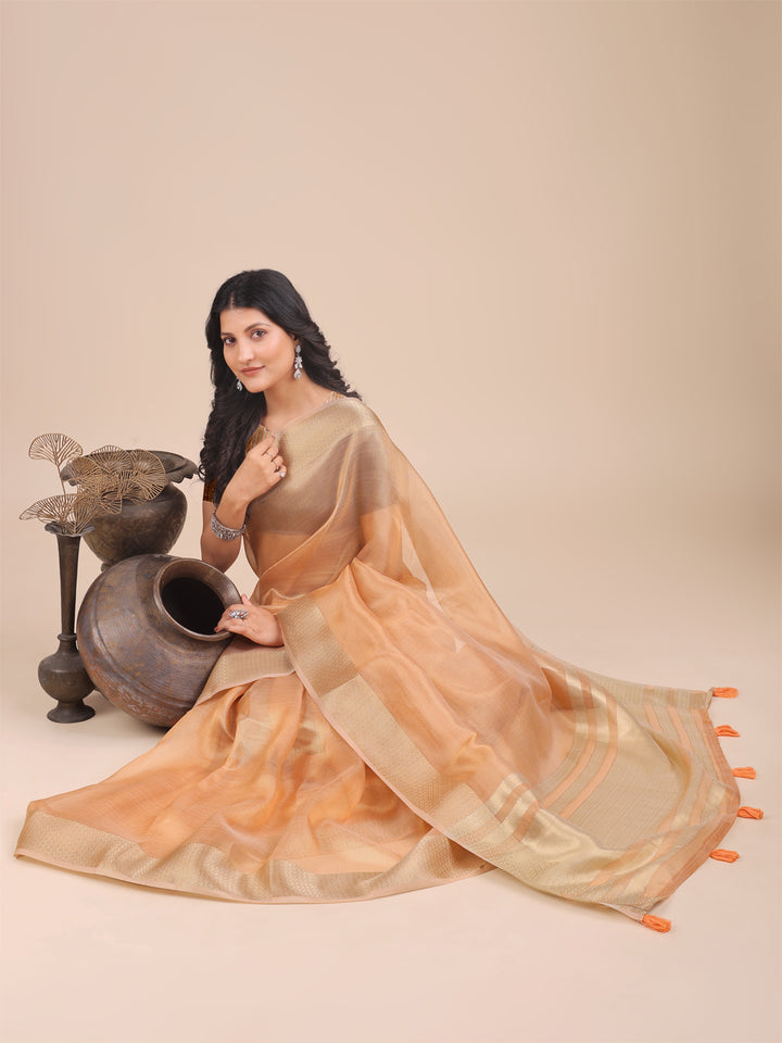 Orange Colour Organza Saree Weaving Work With Blouse Piece