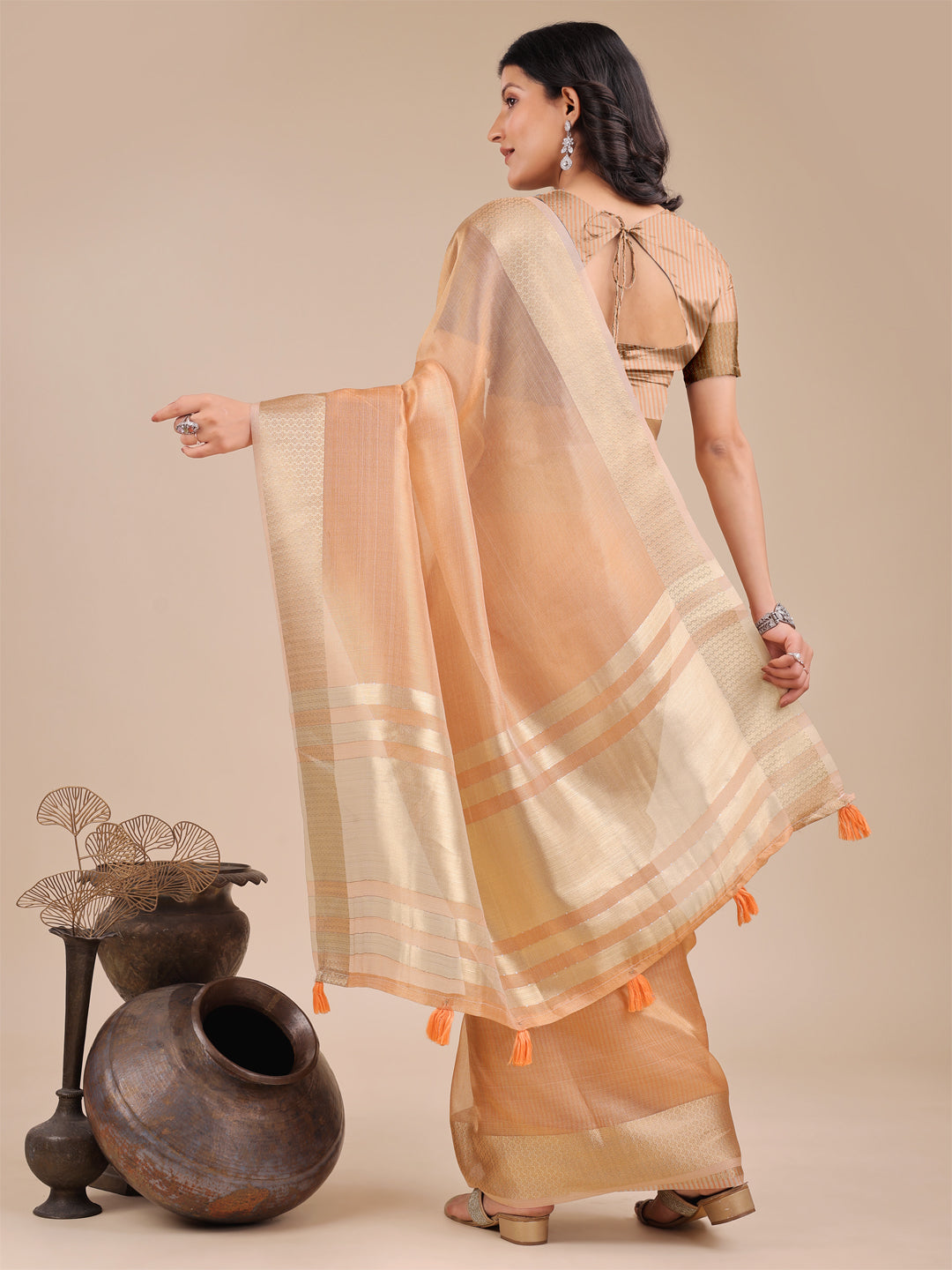 Orange Colour Organza Saree Weaving Work With Blouse Piece