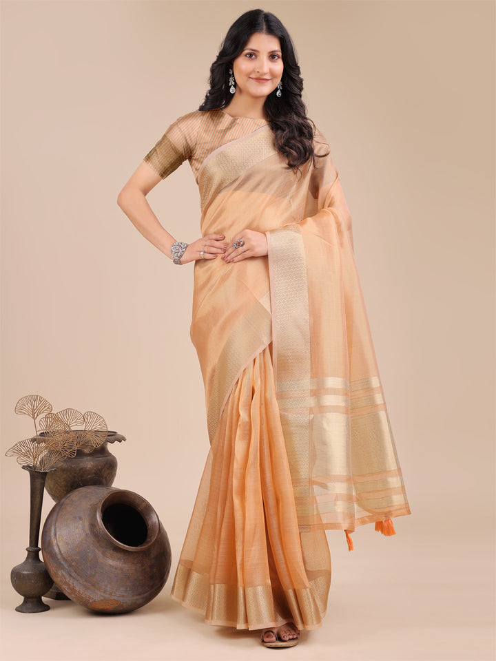 Orange Colour Organza Saree Weaving Work With Blouse Piece