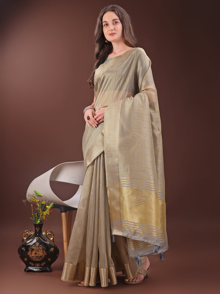 Beige Colour Organza Saree Weaving Work With Blouse Piece