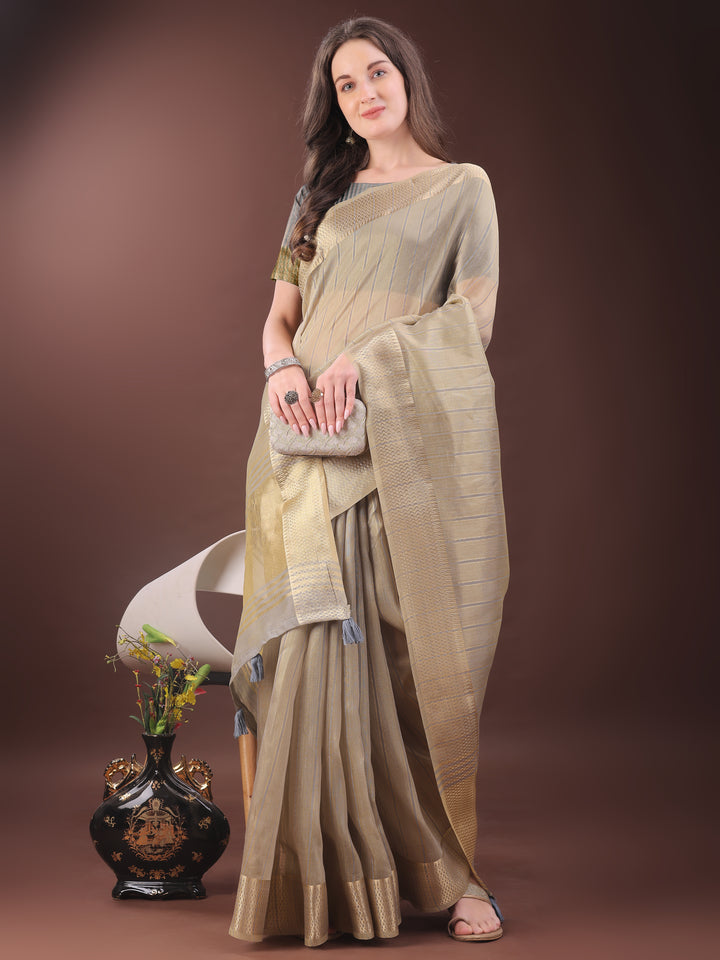 Beige Colour Organza Saree Weaving Work With Blouse Piece