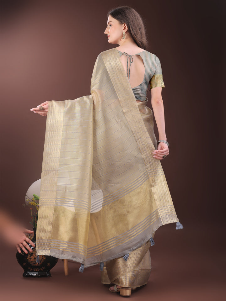 Beige Colour Organza Saree Weaving Work With Blouse Piece
