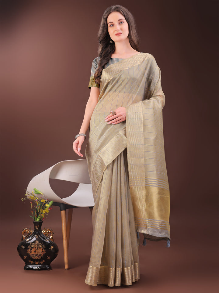 Beige Colour Organza Saree Weaving Work With Blouse Piece