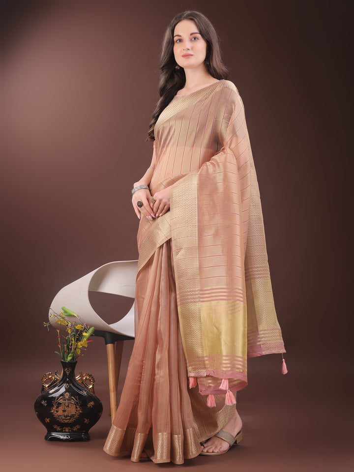 Peach Colour Organza Saree Weaving Work With Blouse Piece