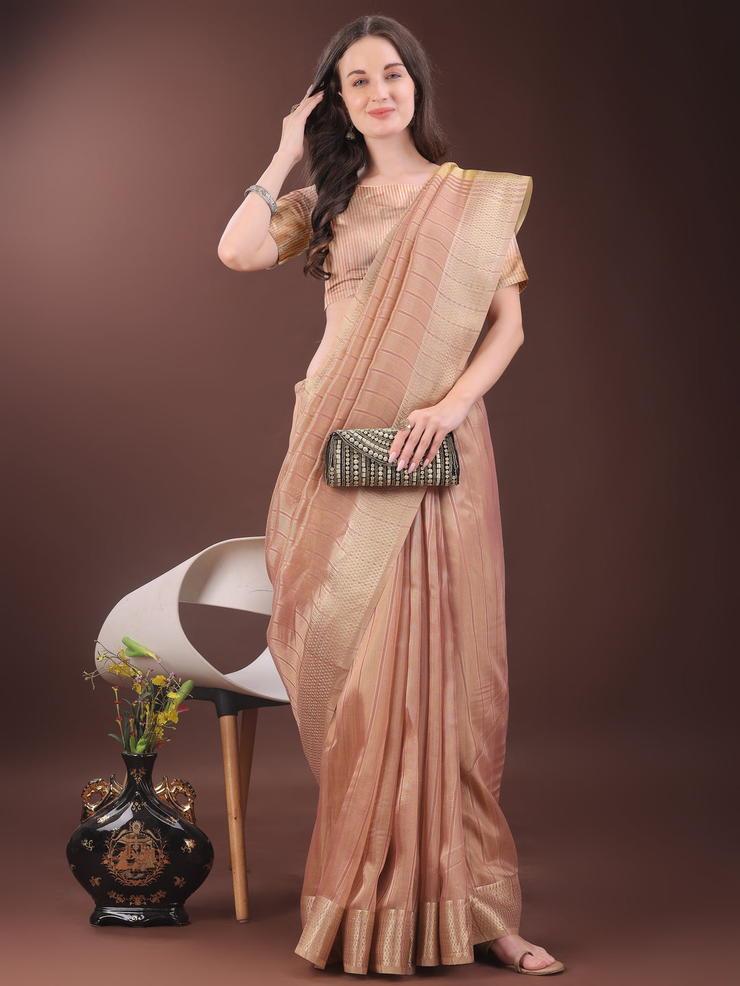 Peach Colour Organza Saree Weaving Work With Blouse Piece