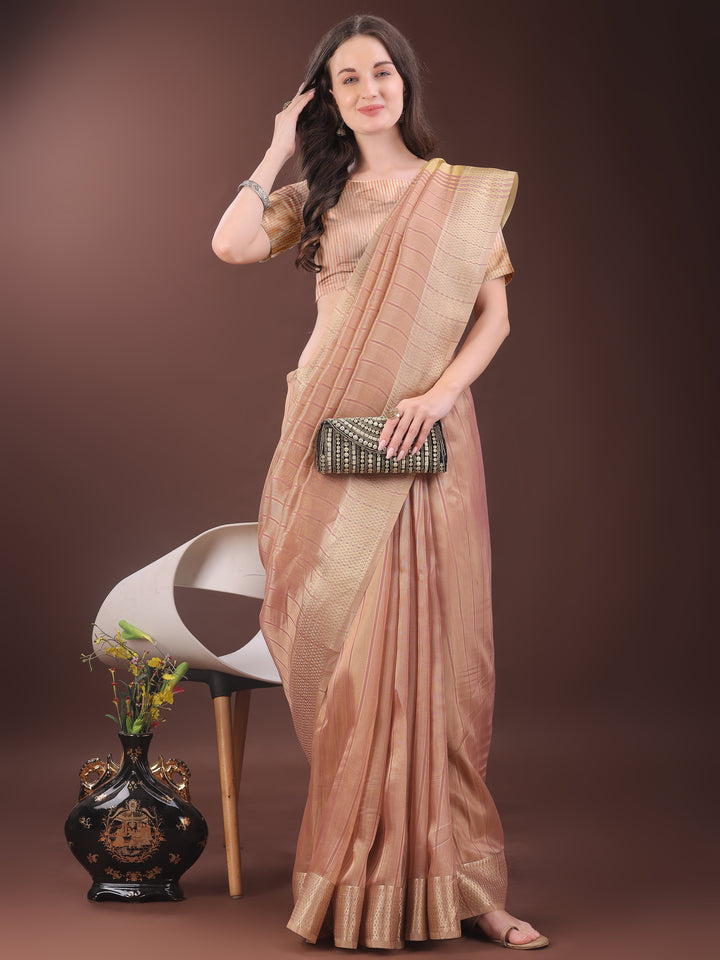 Peach Colour Organza Saree Weaving Work With Blouse Piece