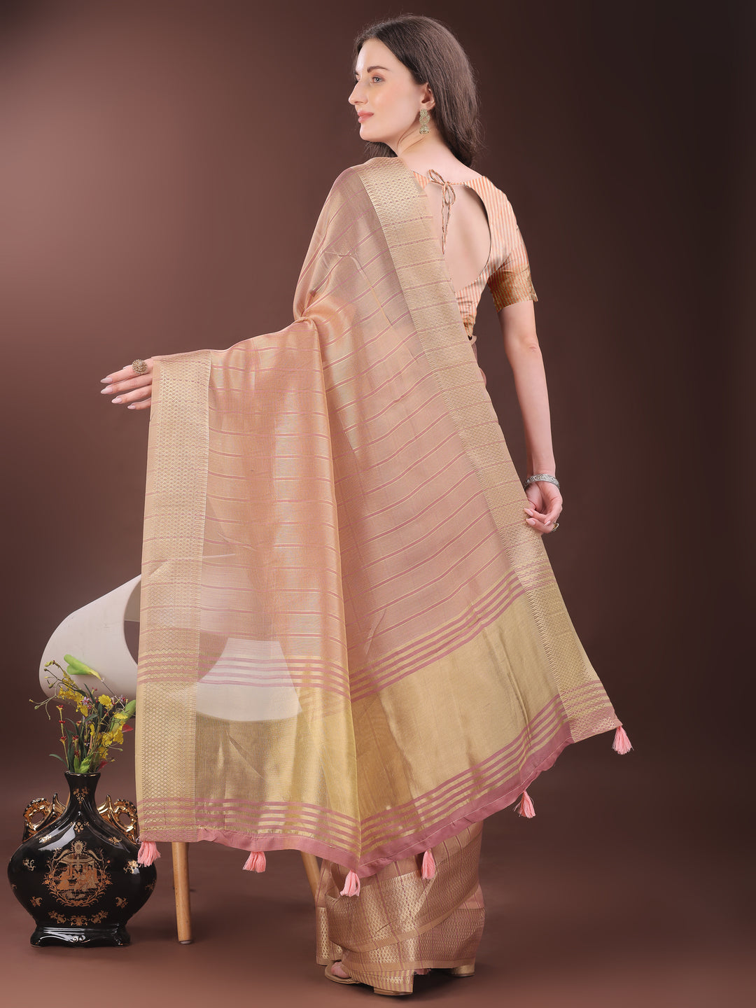 Peach Colour Organza Saree Weaving Work With Blouse Piece