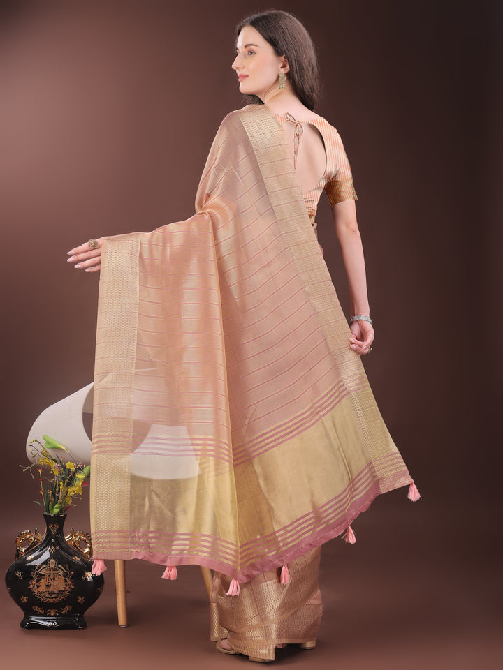 Peach Colour Organza Saree Weaving Work With Blouse Piece