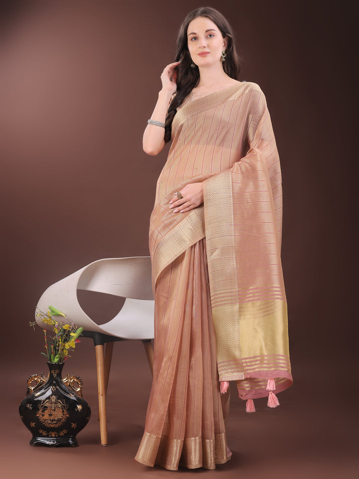 Peach Colour Organza Saree Weaving Work With Blouse Piece
