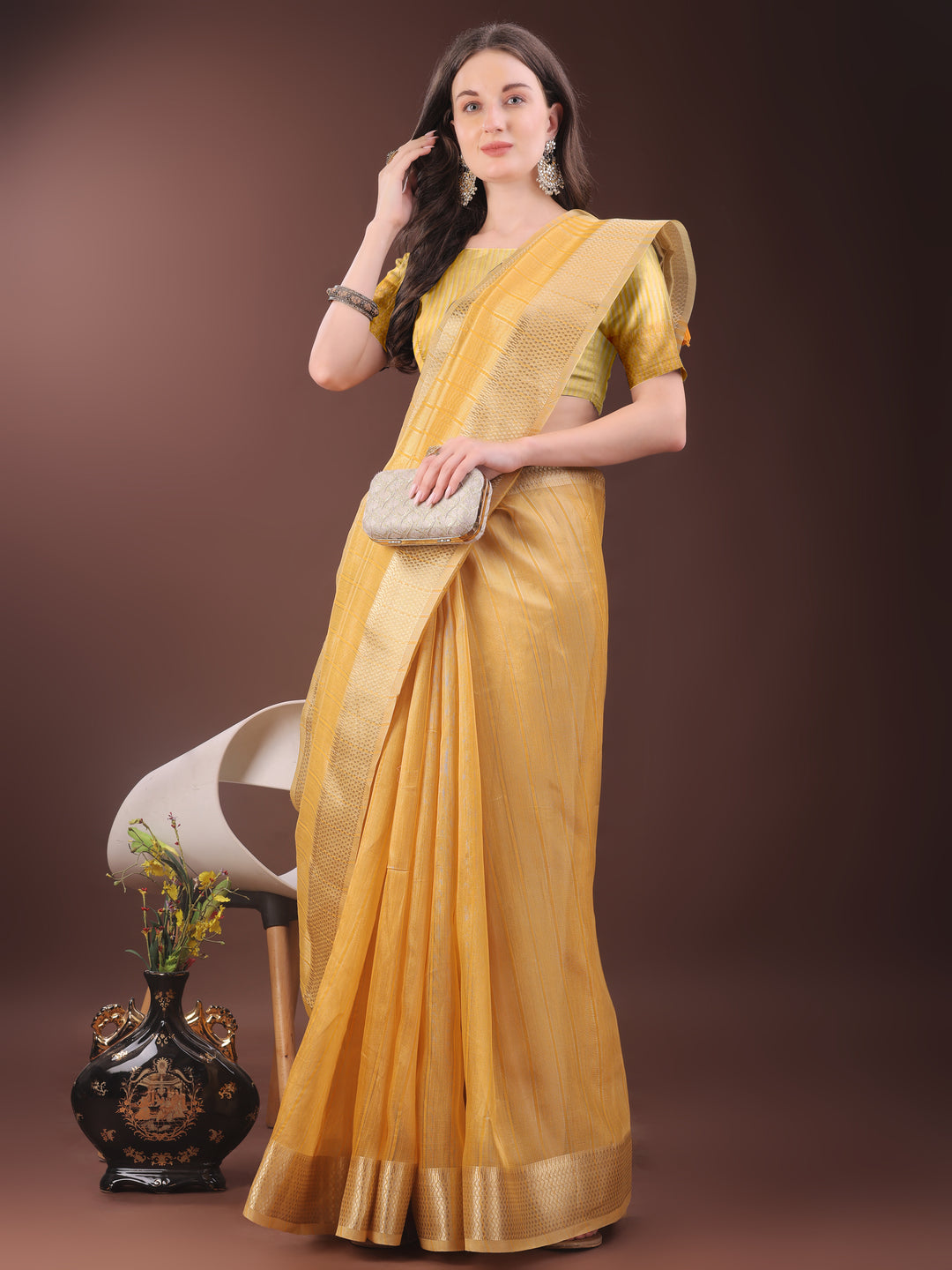 Mustard Colour Organza Saree Weaving Work With Blouse Piece