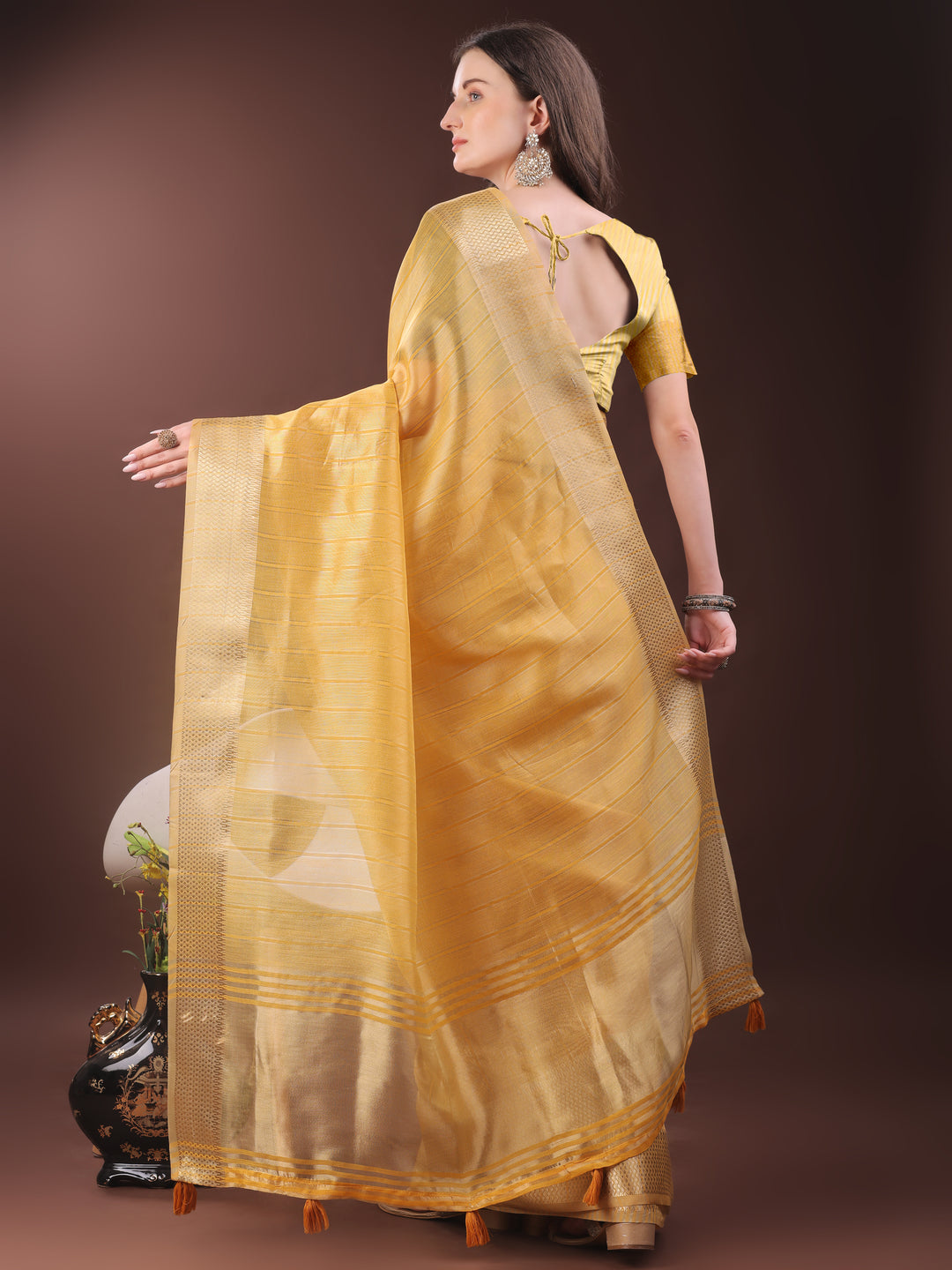 Mustard Colour Organza Saree Weaving Work With Blouse Piece
