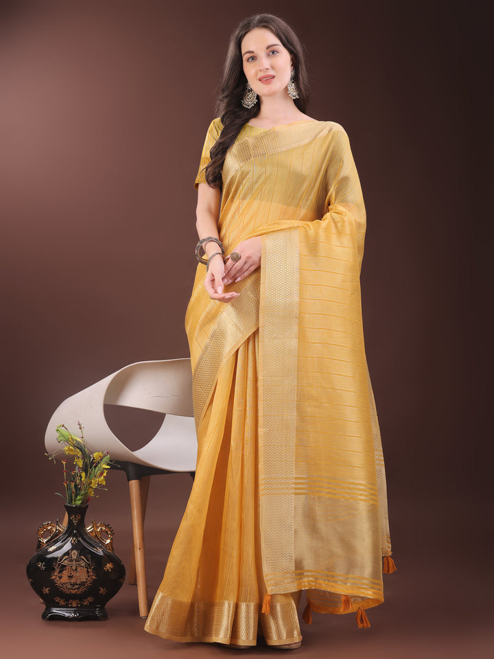 Mustard Colour Organza Saree Weaving Work With Blouse Piece