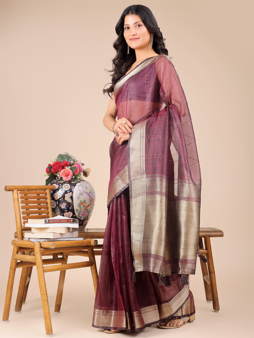 Purple Colour Organza Saree Weaving Work With Blouse Piece