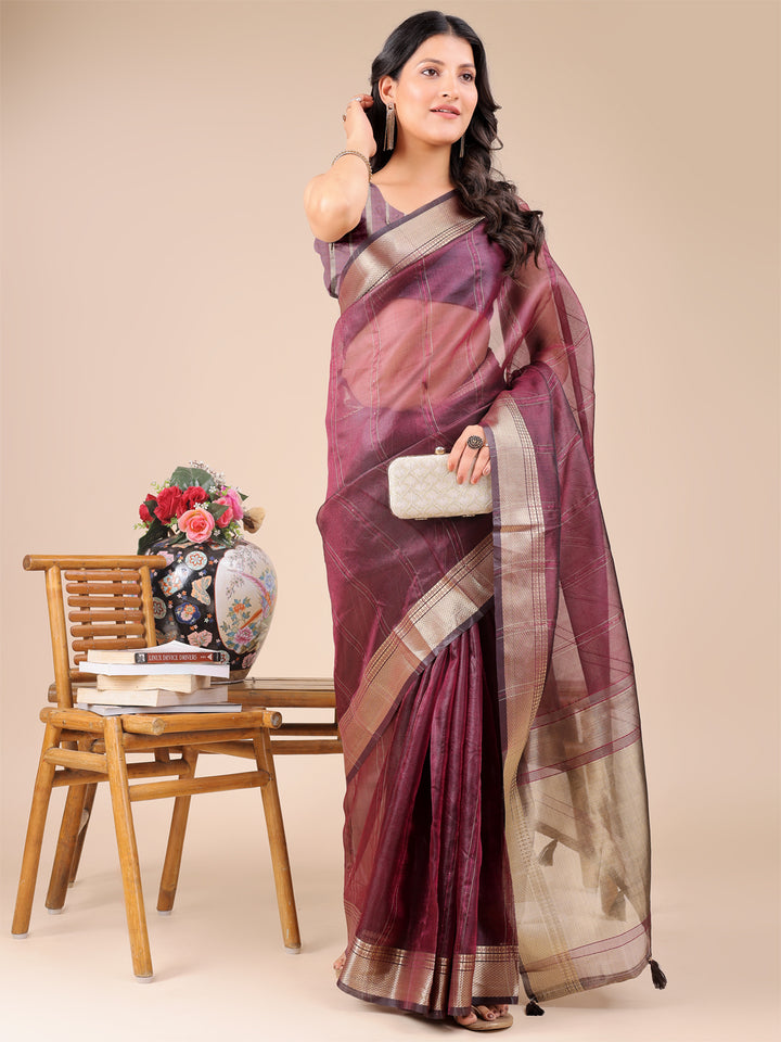 Purple Colour Organza Saree Weaving Work With Blouse Piece