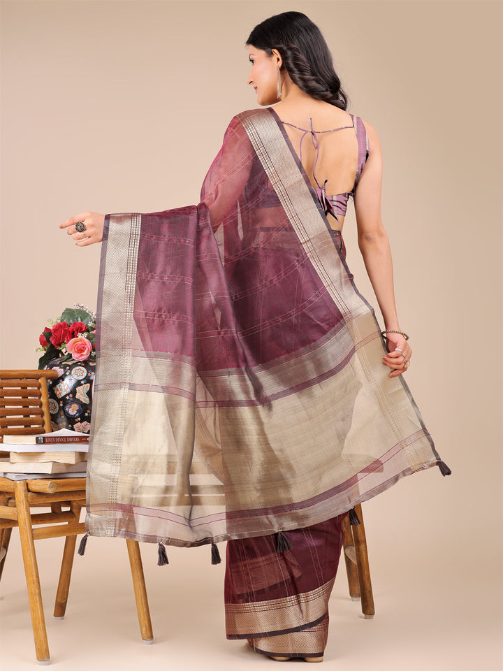 Purple Colour Organza Saree Weaving Work With Blouse Piece