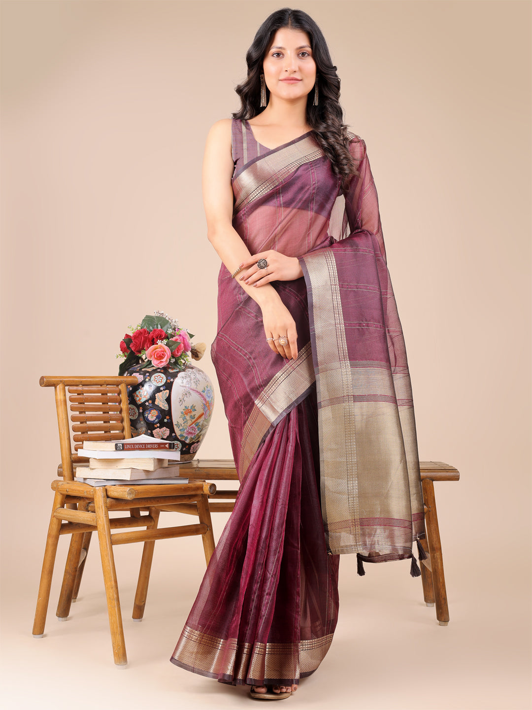 Purple Colour Organza Saree Weaving Work With Blouse Piece