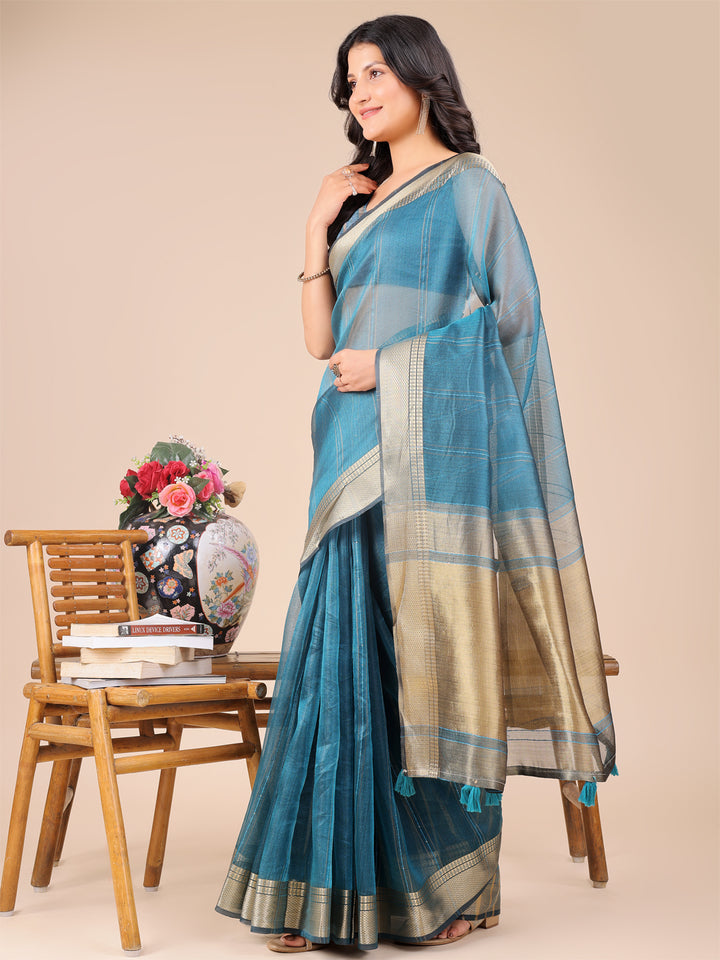 Sea Green Colour Organza Saree Weaving Work With Blouse Piece