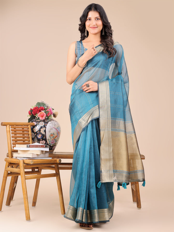 Sea Green Colour Organza Saree Weaving Work With Blouse Piece