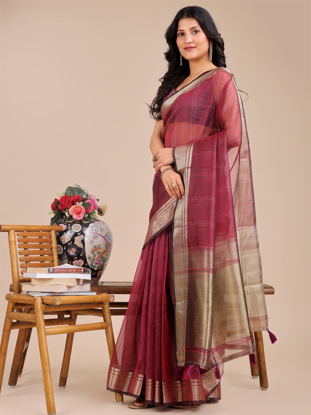 Magenta Colour Organza Saree Weaving Work With Blouse Piece