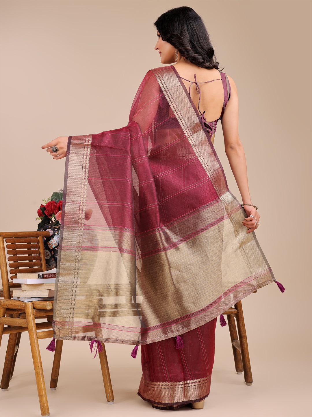 Magenta Colour Organza Saree Weaving Work With Blouse Piece