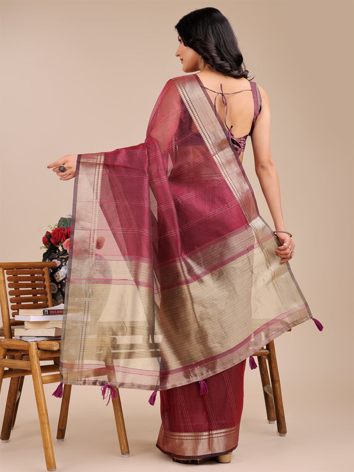 Magenta Colour Organza Saree Weaving Work With Blouse Piece