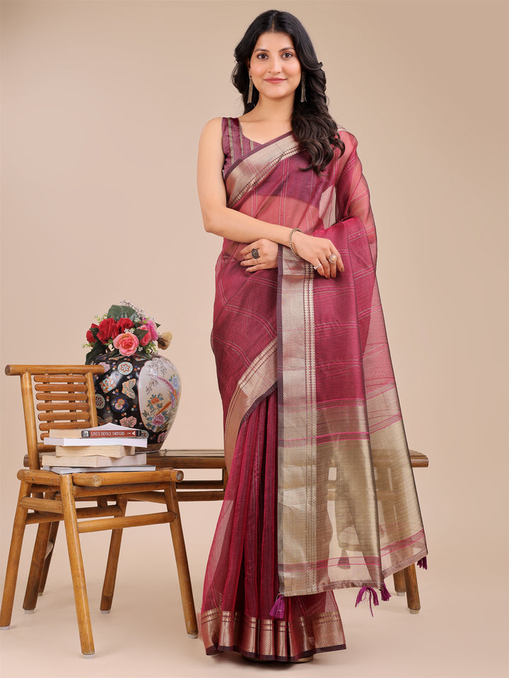 Magenta Colour Organza Saree Weaving Work With Blouse Piece