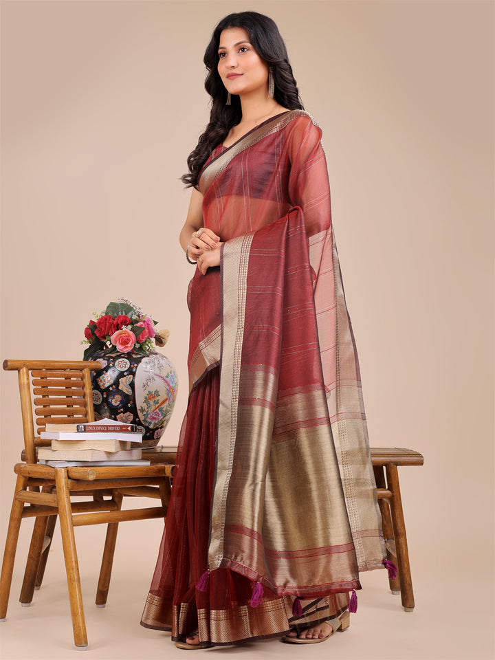 Maroon Colour Organza Saree  Weaving Work With Blouse Piece