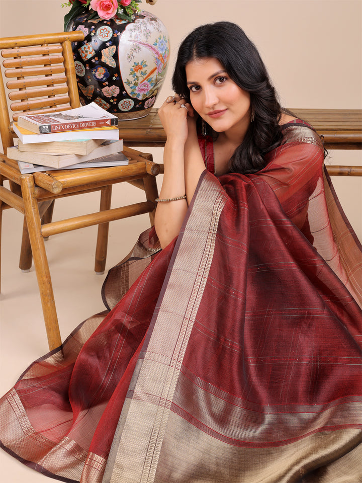 Maroon Colour Organza Saree  Weaving Work With Blouse Piece